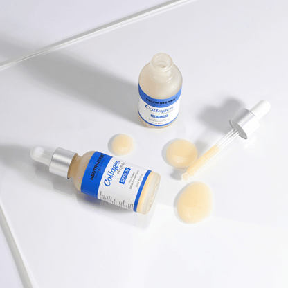 Neutriherbs Collagen + Peptides Serum 30 ml med åben flaske, pipette og serumtekstur. Nærbillede, der viser den silkebløde konsistens og den praktiske pipetteapplikator til præcis dosering.