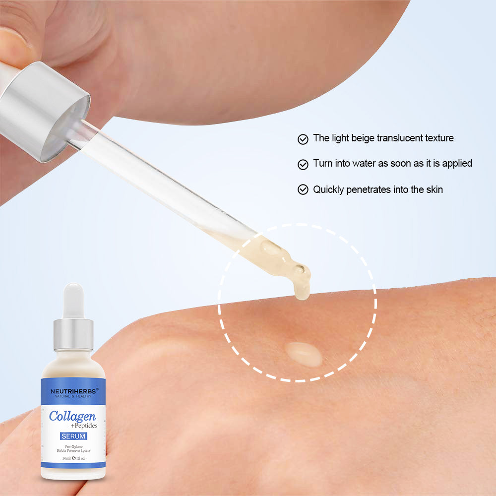 Nærbillede af Neutriherbs Collagen + Peptides Serum 30 ml, som påføres huden med pipette. Billedet viser serumets lette, hurtigt absorberende konsistens, som fugter huden uden at føles klistret.