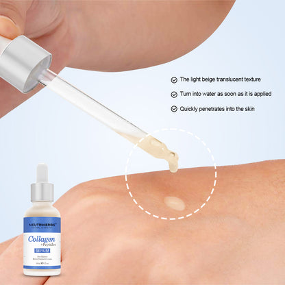 Nærbillede af Neutriherbs Collagen + Peptides Serum 30 ml, som påføres huden med pipette. Billedet viser serumets lette, hurtigt absorberende konsistens, som fugter huden uden at føles klistret.