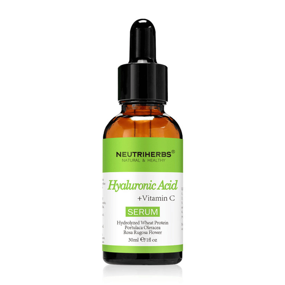 Neutriherbs Hyaluronic Acid + Vitamin C Serum 30 ml med hyaluronsyre og vitamin C. Fugtgivende ansigtsserum, der giver glød, udjævner hudtonen og hjælper med at mindske fine linjer for en blød og frisk hud.