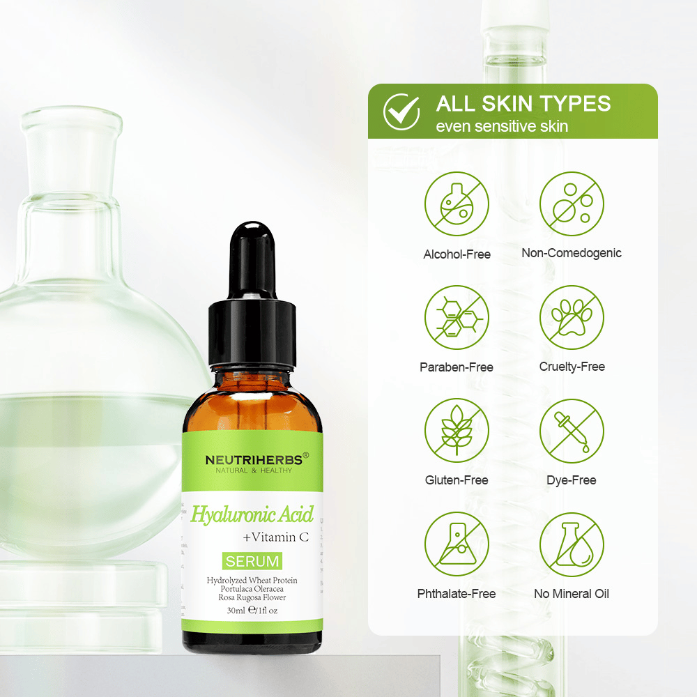 Neutriherbs Hyaluronic Acid + Vitamin C Serum 30 ml til alle hudtyper, også sensitiv hud. Fugtgivende ansigtsserum uden alkohol, parabener, mineralolie eller farvestoffer, der styrker hudbarrieren og giver huden glød.