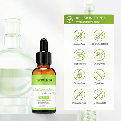 Neutriherbs Hyaluronic Acid + Vitamin C Serum 30 ml til alle hudtyper, også sensitiv hud. Fugtgivende ansigtsserum uden alkohol, parabener, mineralolie eller farvestoffer, der styrker hudbarrieren og giver huden glød.