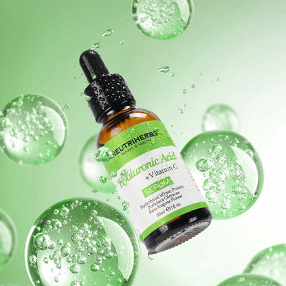 Neutriherbs Hyaluronic Acid + Vitamin C Serum 30 ml med hyaluronsyre og vitamin C. Fugtgivende ansigtsserum, der giver intensiv fugt, forbedrer hudens glød og hjælper med at mindske fine linjer for en blød og frisk hud.