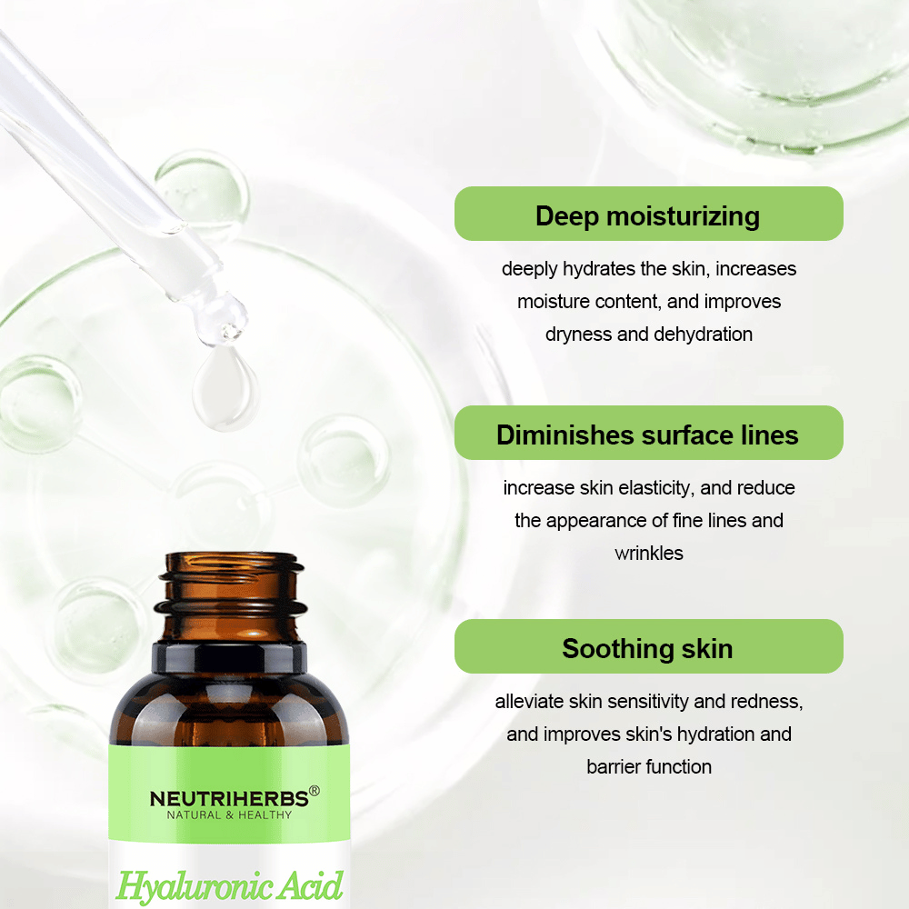 Neutriherbs Hyaluronic Acid + Vitamin C Serum 30 ml. Fugtgivende ansigtsserum med hyaluronsyre og vitamin C, der giver intensiv fugt, beroliger sensitiv hud, styrker hudbarrieren og hjælper med at mindske fine linjer og rynker.