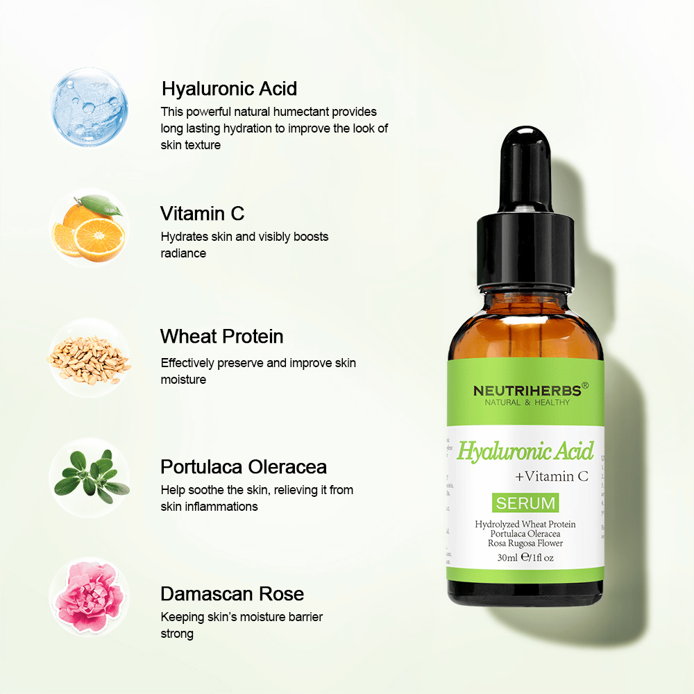 Neutriherbs Hyaluronic Acid + Vitamin C Serum 30 ml med hyaluronsyre, vitamin C, hydrolyseret hvedeprotein, Portulaca Oleracea og damascenerrose. Fugtgivende ansigtsserum, der styrker hudbarrieren, beroliger huden og giver øget glød.