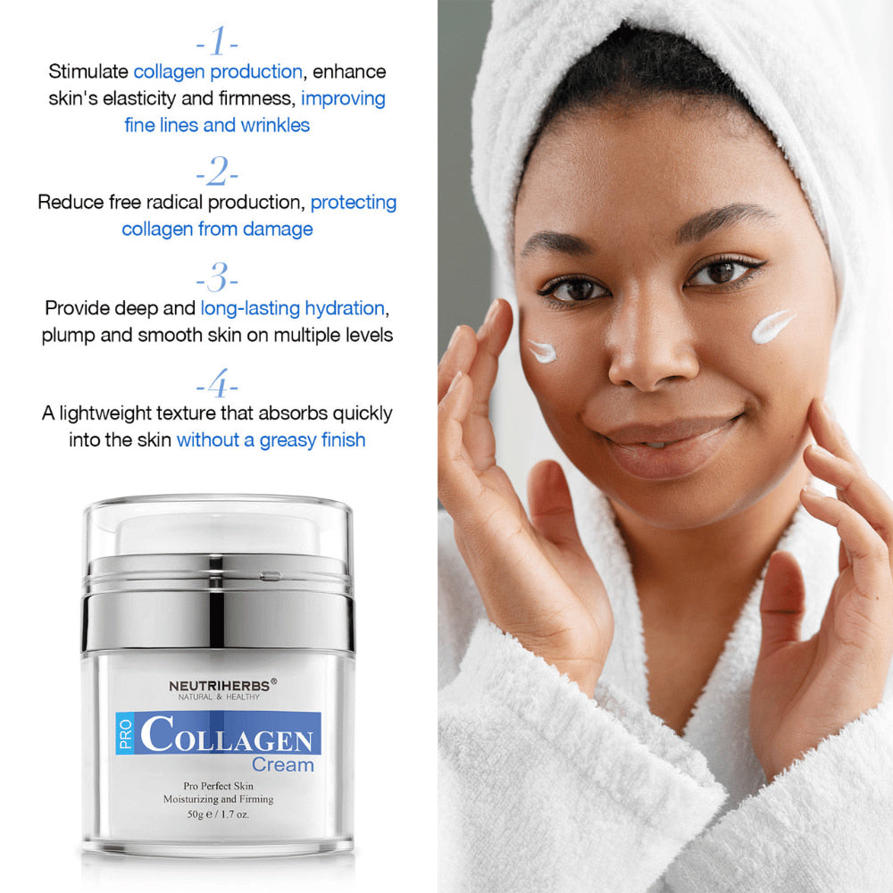 Neutriherbs Pro Collagen Cream 50 g fugtgivende ansigtscreme med kollagen. Billede, der viser cremen påført huden og fremhæver produktets egenskaber: stimulerer kollagenproduktionen, bidrager til fastere hud, giver langvarig fugt og absorberes hurtigt uden at føles fedtet.
