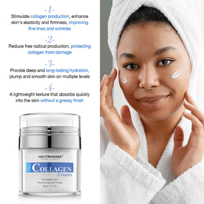 Neutriherbs Pro Collagen Cream 50 g fugtgivende ansigtscreme med kollagen. Billede, der viser cremen påført huden og fremhæver produktets egenskaber: stimulerer kollagenproduktionen, bidrager til fastere hud, giver langvarig fugt og absorberes hurtigt uden at føles fedtet.