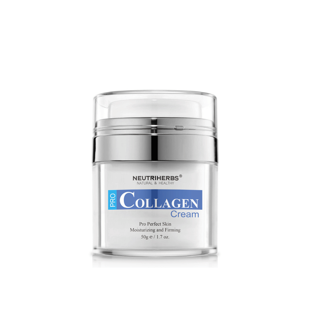 Neutriherbs Pro Collagen Cream 50 g i stilrent glas. En fugtgivende og opstrammende ansigtscreme, der er udviklet til at forbedre hudens elasticitet, give langvarig fugt og bidrage til fastere hud med en blød og smidig følelse.