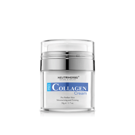 Neutriherbs Pro Collagen Cream 50 g i stilrent glas. En fugtgivende og opstrammende ansigtscreme, der er udviklet til at forbedre hudens elasticitet, give langvarig fugt og bidrage til fastere hud med en blød og smidig følelse.