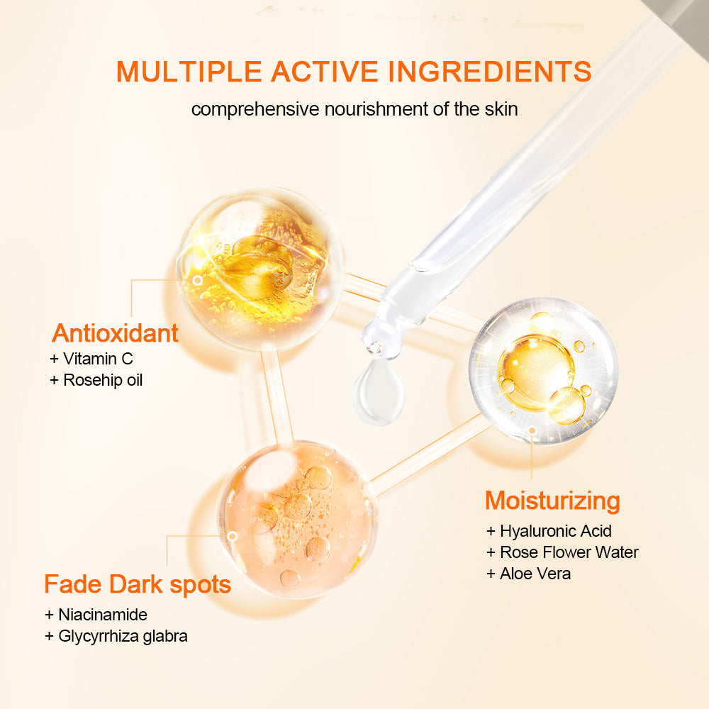 Illustration, som viser de aktive ingredienser i Neutriherbs Vitamin C + Hyaluronic Acid Serum. Vitamin C og hybenolie giver antioxidantbeskyttelse, hyaluronsyre, rosenvand og aloe vera fugter huden, mens niacinamid og lakridsrod bidrager til at mindske pigmentpletter og give en mere ensartet hudtone.