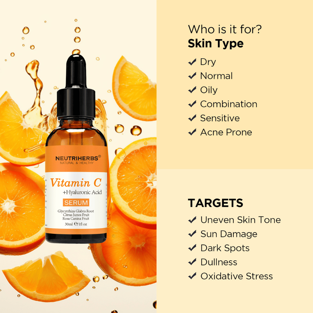 Neutriherbs Vitamin C + Hyaluronic Acid Serum 30 ml med appelsiner. Illustrationen viser, at serummet passer til alle hudtyper, inklusive sensitiv og akneudsat hud, samt er udviklet til ujævn hudtone, pigmentpletter, solskader, tristhed og oxidativt stress.